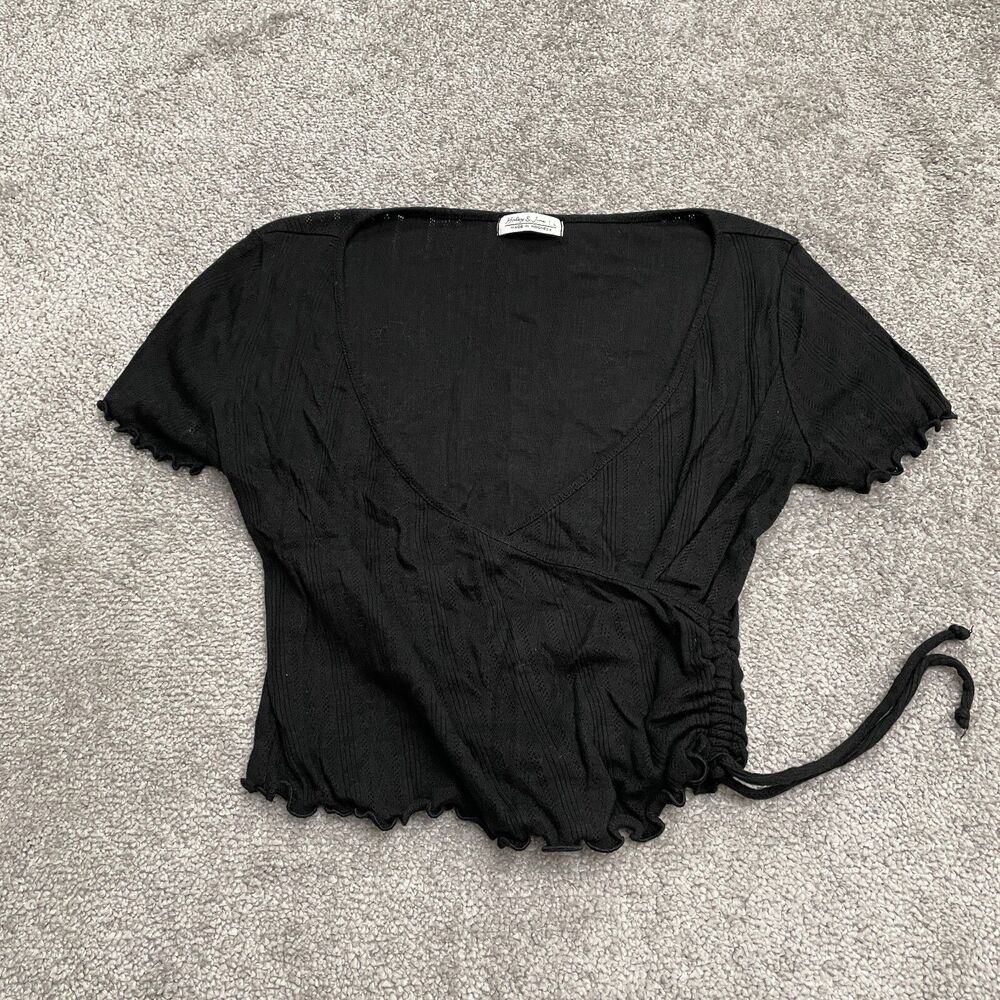 Haley & June Wrap Ruched Top Girls Teens Large Black Short Sleeve Knitted Casual